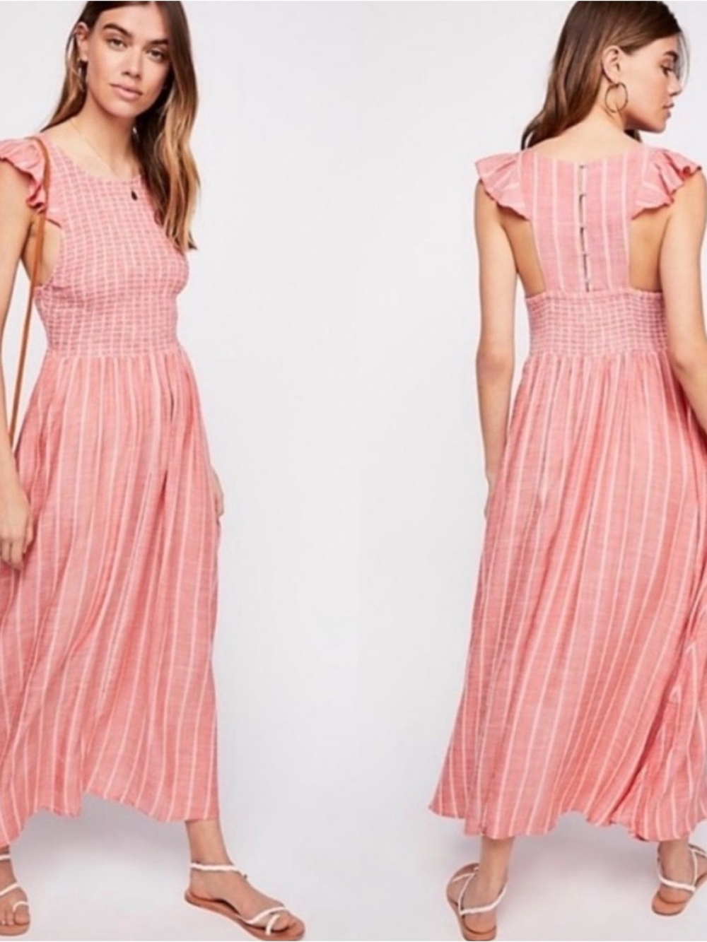 Free People Chambray Butterflies Smocked Striped Midi Dress Pink Red Large L